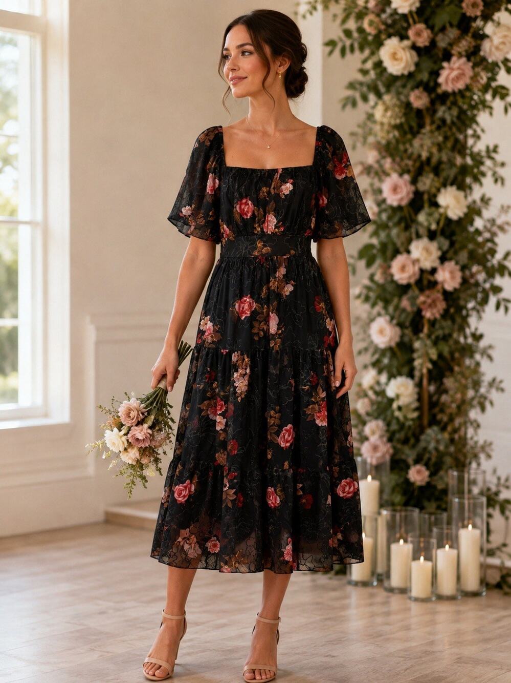 Floral Square-Neck Midi Dress in Black